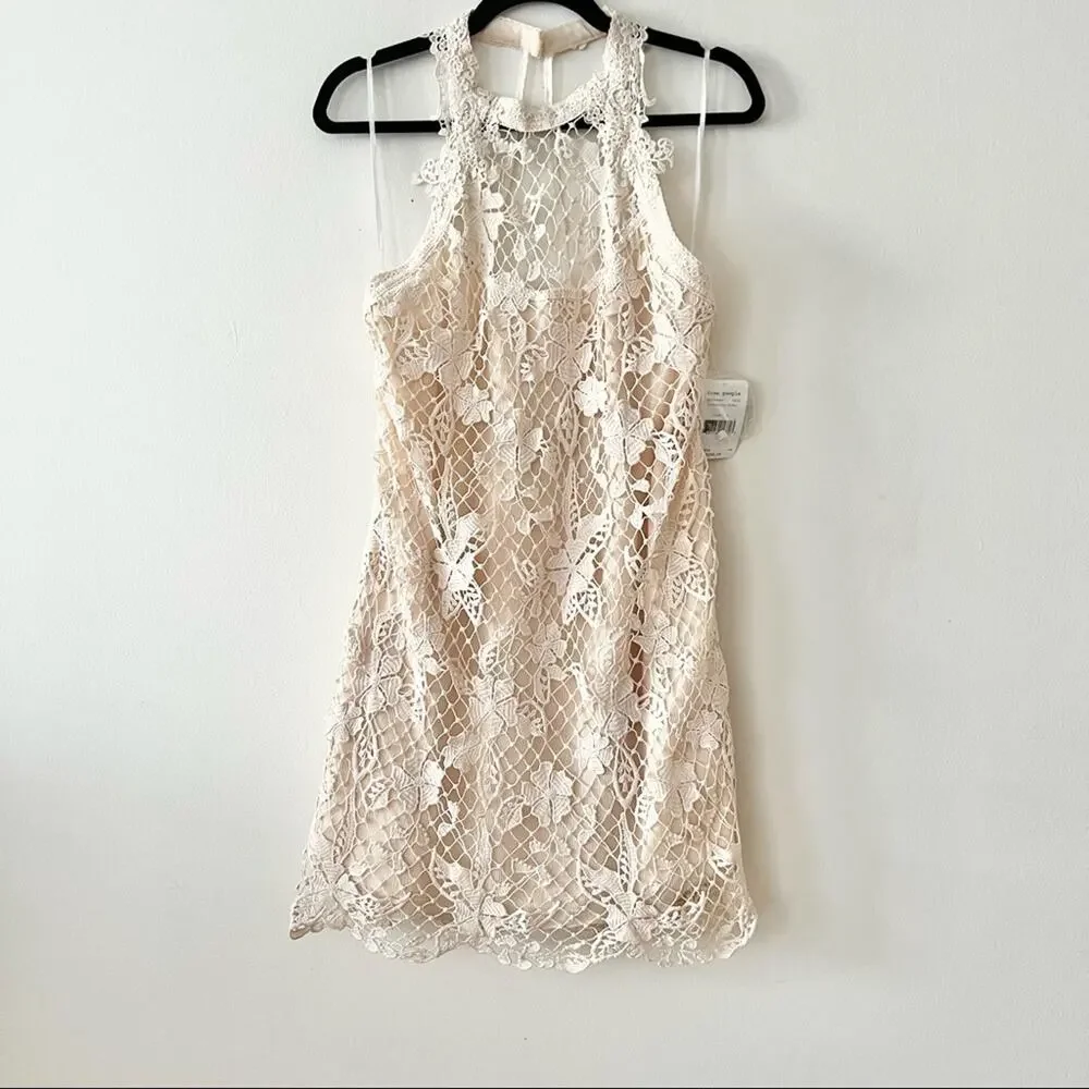 Free People Snowdrop Crochet Lace Open Back Halter Dress